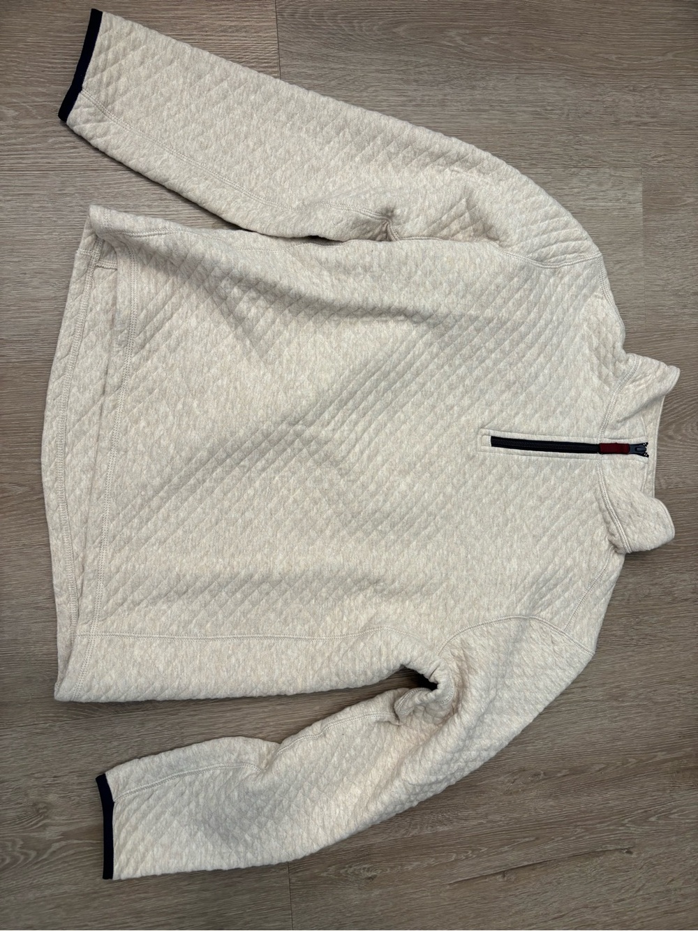 J. Crew Factory Quilted Half-Zip Pullover in Oatmeal with Navy Trim
